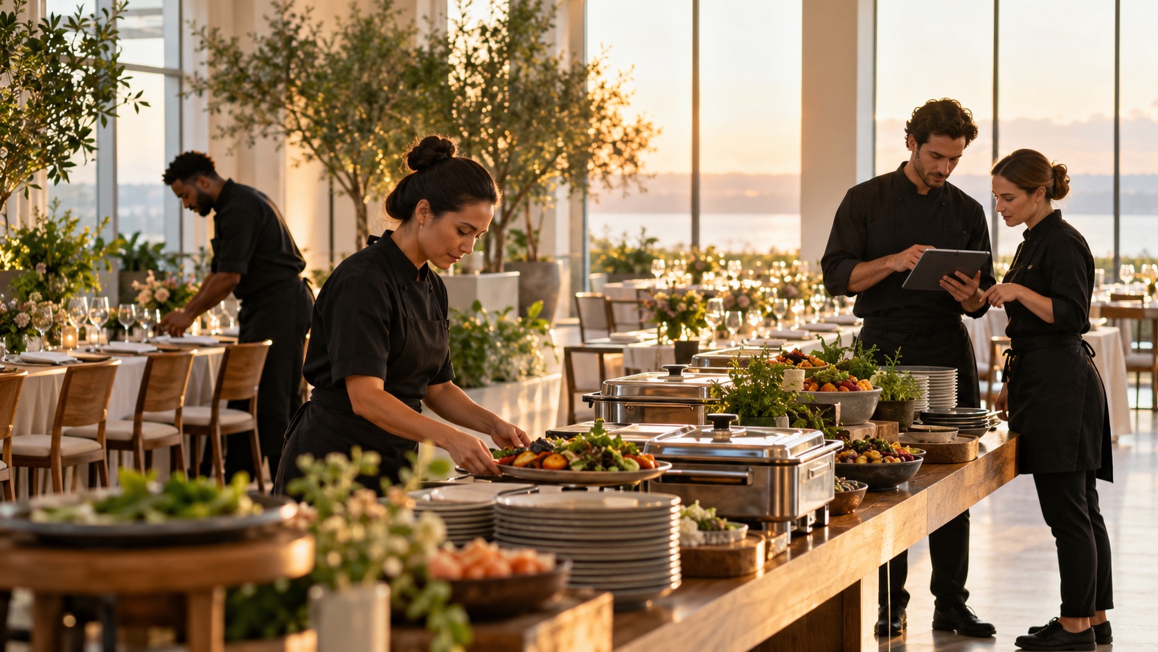 A catering team finishing a buffet setup before an event begins
