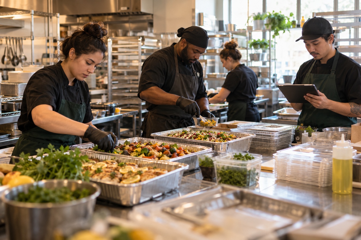 A catering team organizing and packing a large restaurant order in a commercial kitchen