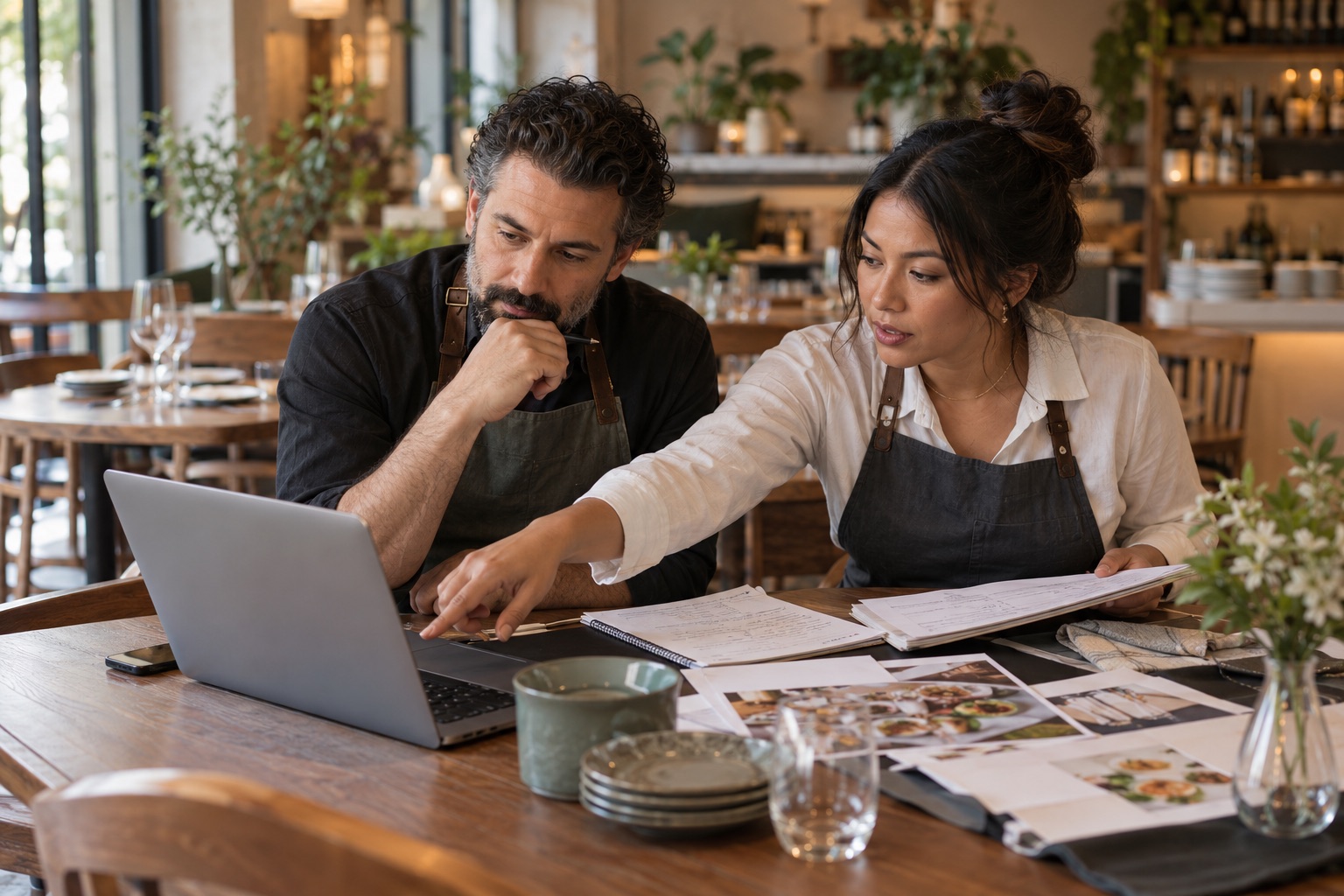 Restaurant operators planning an upcoming catering event together