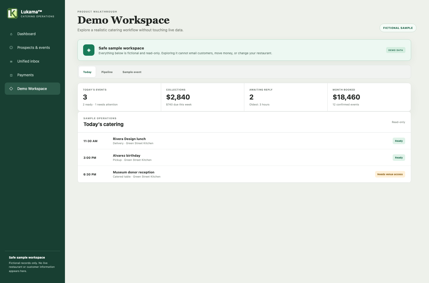 The real Lukama Demo Workspace filled with fictional catering records